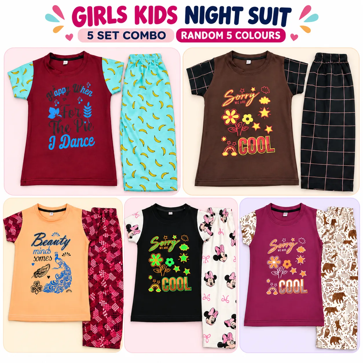 Banian cotton Girls T-Shirt with 3/4th Pant – Random 5 Colour Combo ...